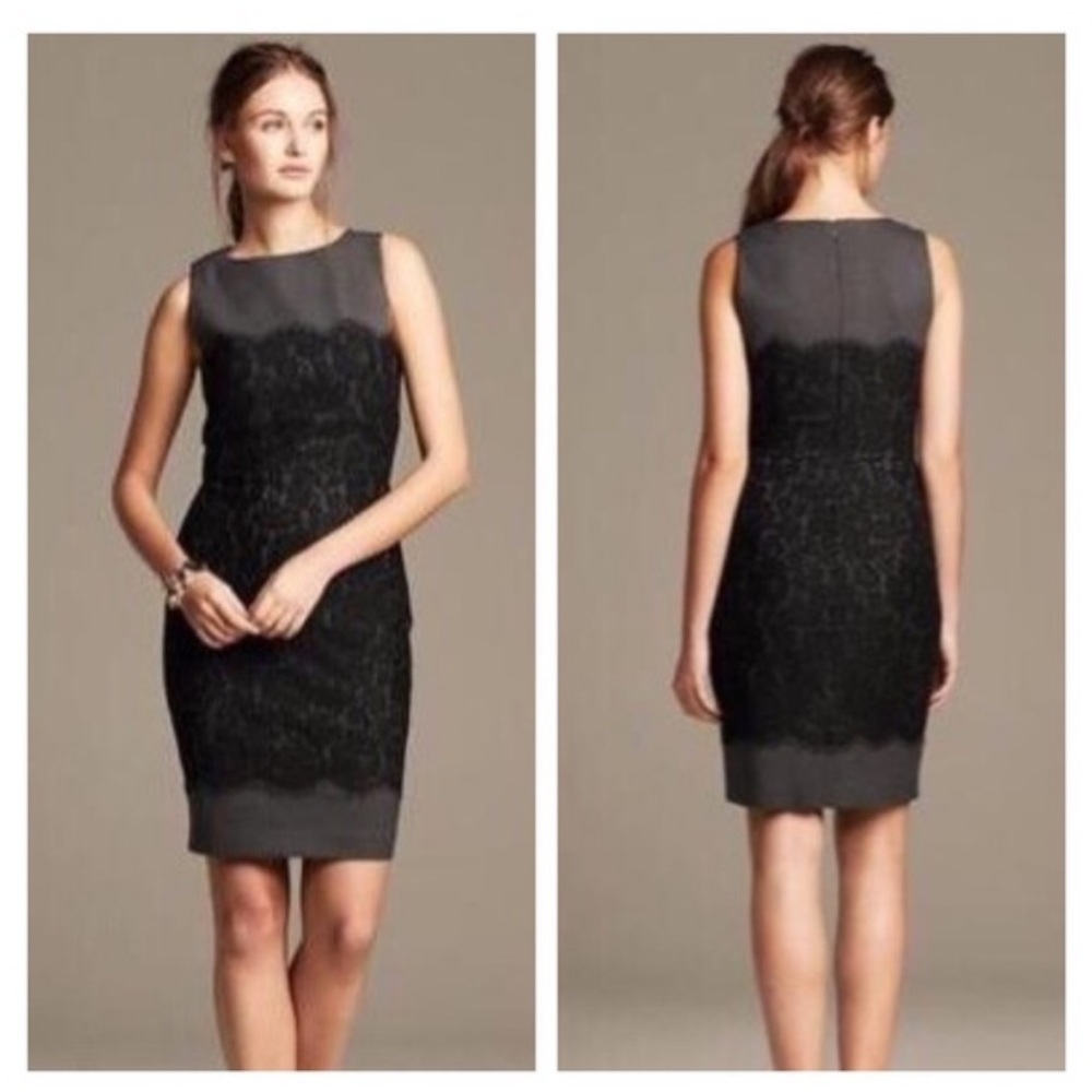 Banana Republic Gray and Black Lace Overlay Sleeveless Sheath Dress Size 2